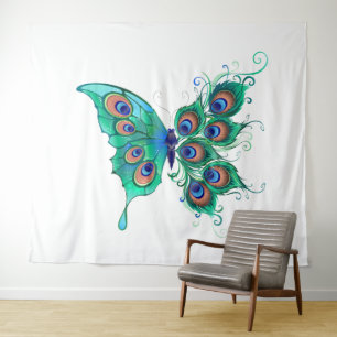 Tapete De Parede Borboleta com Penas de Pavão Verde