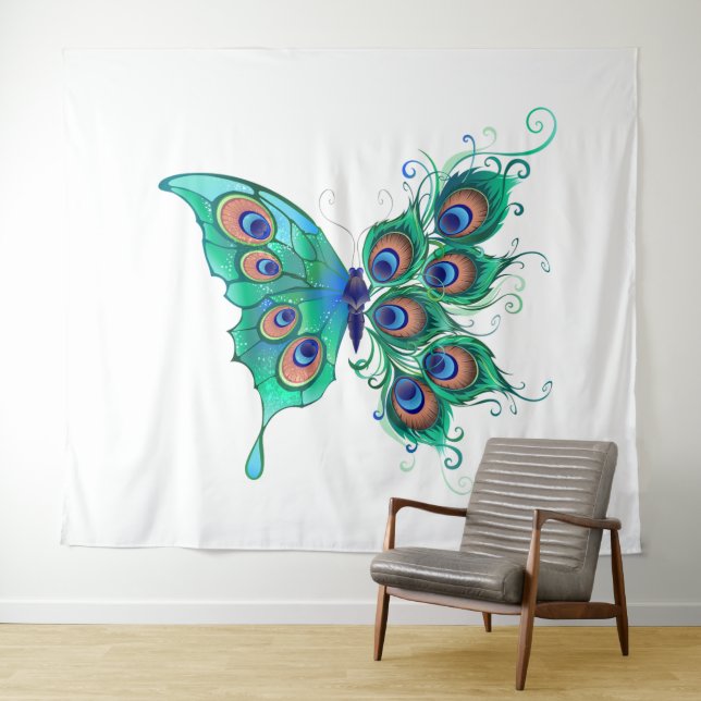 Tapete De Parede Borboleta com Penas de Pavão Verde (In Situ (Horizontal))