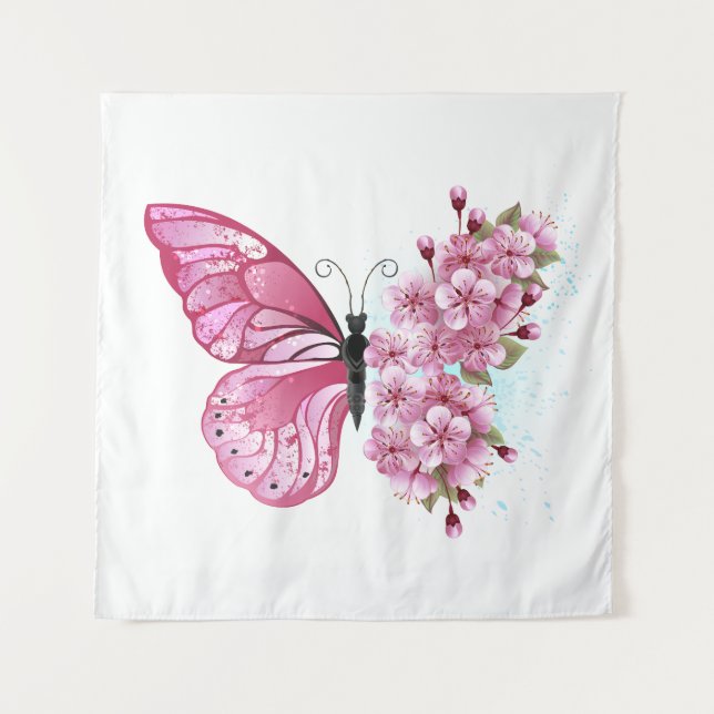 Tapete De Parede Borboleta Flor com Sakura Rosa (Frente)