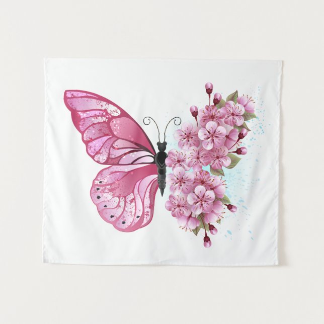 Tapete De Parede Borboleta Flor com Sakura Rosa (Frente (Horizontal))