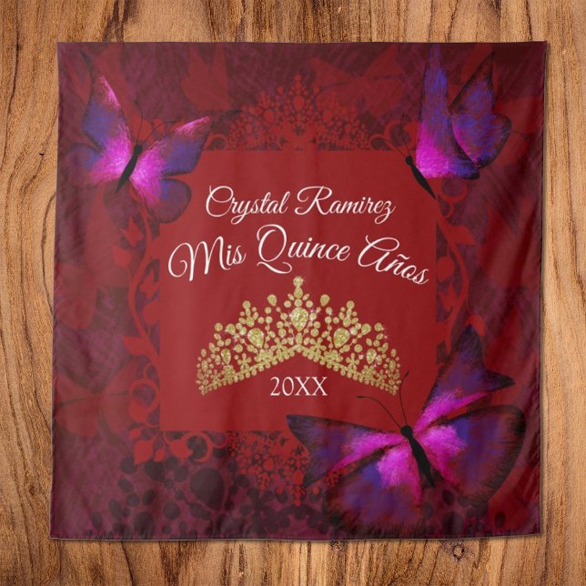 Tapete De Parede Borboleta Vermelha, Tiaro Dourado Fundo para Festa (Red pink butterflies quinceanera tapestry wall drape, gold tiara crown, red mis quince)
