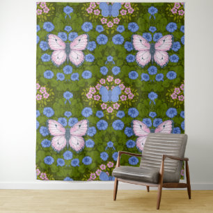 Tapete De Parede Borboletas e flores simetria, azul e rosa