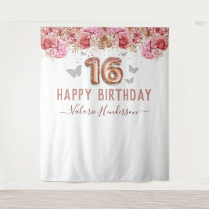 Tapete De Parede Borboletas Florais Rosa Feliz Aniversário de 16 An