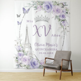 Tapete De Parede Borboletas Florais Roxas Eiffel Paris Quinceañera