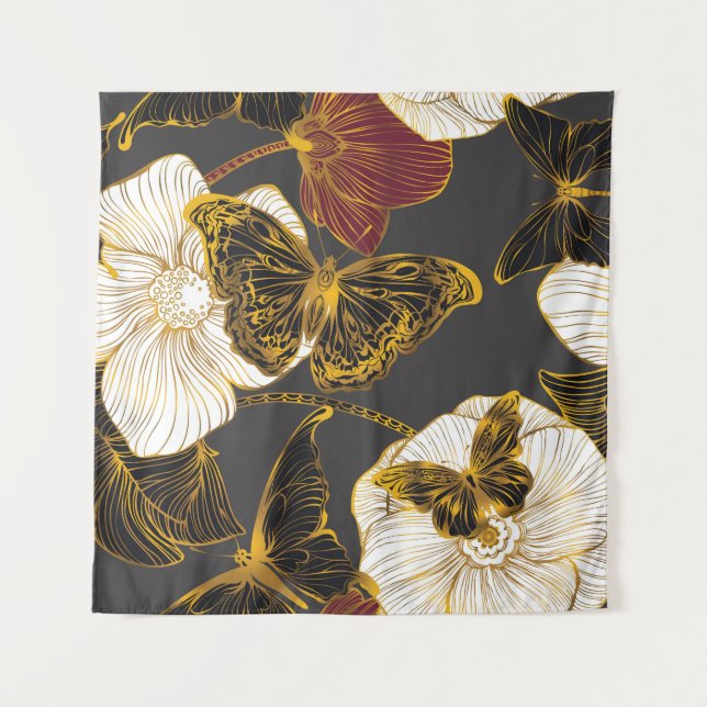Tapete De Parede Borboletas & Flores: Padrão Boho de Primavera (Frente)