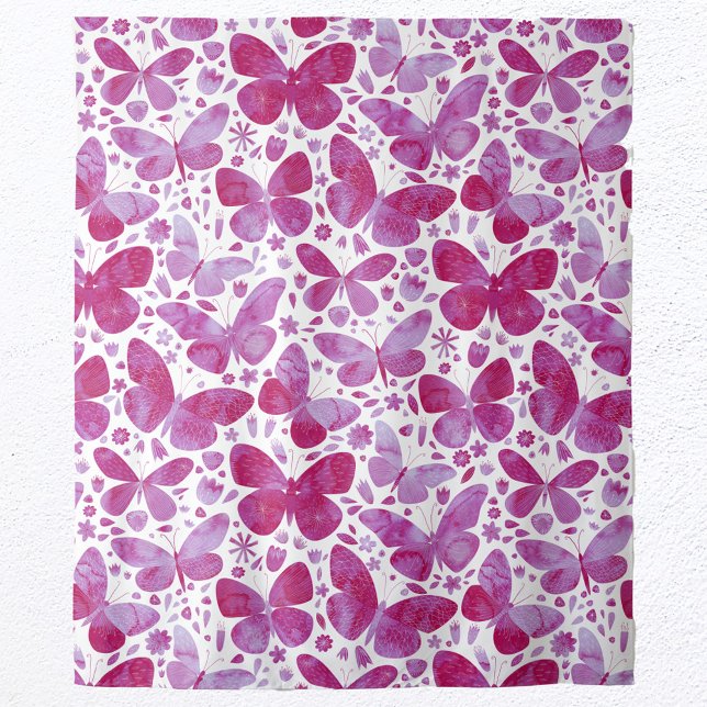 Tapete De Parede Borboletas Padrão de Aquarela Rosa (Magenta pink and white modern watercolor butterfly pattern wall tapestry)
