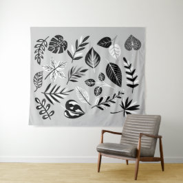 Tapete De Parede Botânico Neutro Preto e Branco Folhas - Cinza
