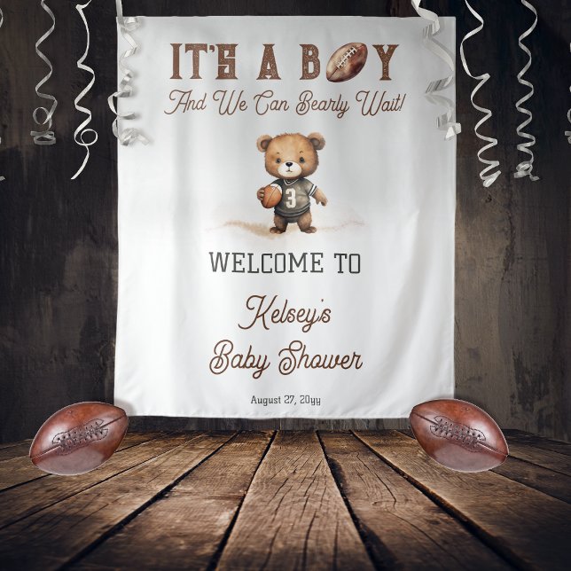 Tapete De Parede Boy Barly Espera Chá de fraldas Americano de Futeb (Teddy Bear Boy American Football Baby Shower Welcome 68" x 80" Lg. Backdrop - Bearly Wait Collection)