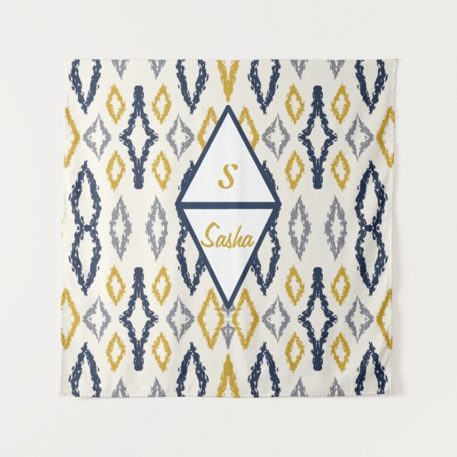 Tapete De Parede Branco Amarelo Azul-Ikat Marroquino Personalizado (Frente)