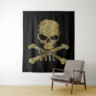 Tapete De Parede Brilho Preto Glam até os Ossos Caveira com Brilho