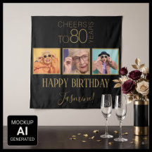 Brindemos aos 80 anos 3 Fotos Preto Ouro Elegante