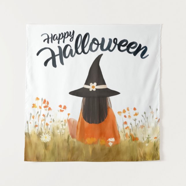 Tapete De Parede Bruxa do Halloween em Campo de Flores (Frente)