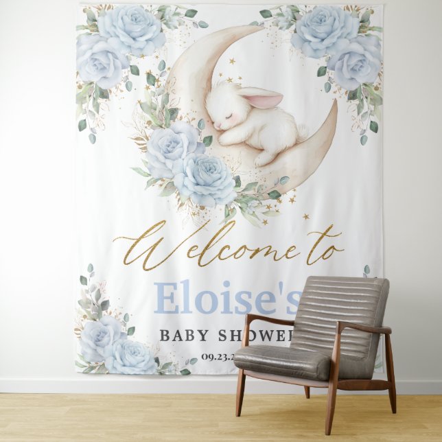Tapete De Parede Bunny Rabbit Blue Floral Moon Baby Shower Welcome  (In Situ)