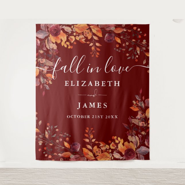 Tapete De Parede Burgundy Rustic Fall Floral Photo Booth Backdrop (Frente)