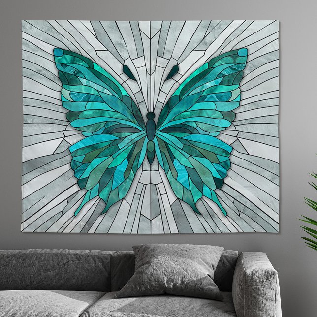Tapete De Parede Butterfly Mosaic - Emerald Green e Cinzas (Criador carregado)