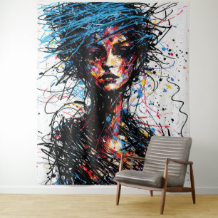 Tapete De Parede Cabelo Azul Caótico Retrato Abstrato Explosão