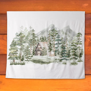 Tapete De Parede Cabina de Aquarela na Floresta de Pinheiros Verdes