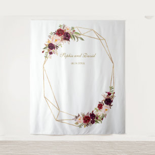Tapete De Parede Cabine de Foto Casamento Floral Dourado Borgonha M