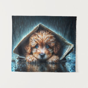 Tapete De Parede Cachorro bonito no dia da chuva com a arte azul