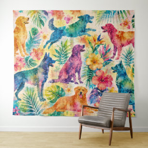 Tapete De Parede Cães Tropicais em Aquarela
