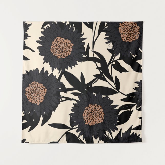 Tapete De Parede Camomila preta, gerbera: fundo creme. (Frente)