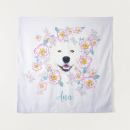 Tapete De Parede Cão Samoyed e flores cor-de-rosa, nome personaliza