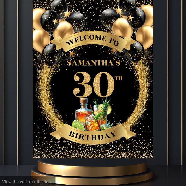 Tapete De Parede Captura Dourada na moda aniversário de 30 anos (Stylish 30th Birthday Black Gold Tapestry)