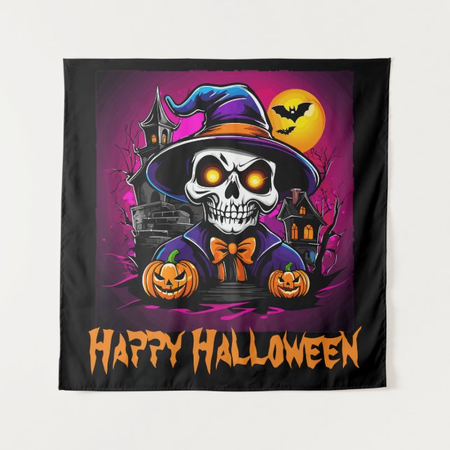 Tapete De Parede Cartoon Colorida Skeleton Halloween Pumpkin (Frente)