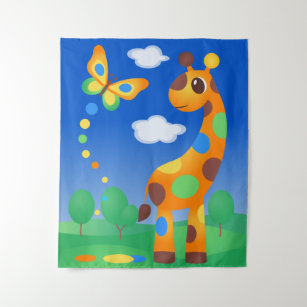 Tapete De Parede Cartoon Giraffe e Borboleta Coloridas