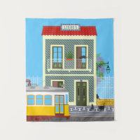 Casa velha de Lisboa com gatos e elétrico amarelo