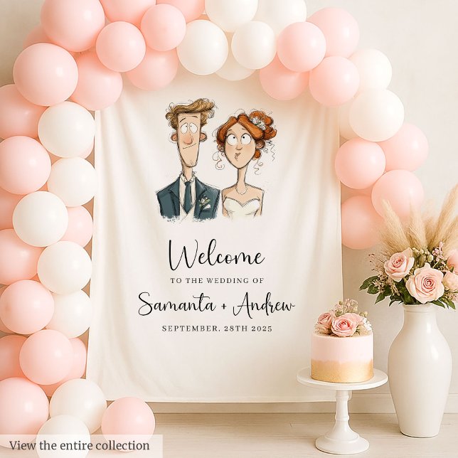 Tapete De Parede Casal Quirky Backdrop Watercolor Brid (Quirky Couple Wedding Backdrop Watercolor Bride Groom)