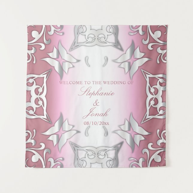 Tapete De Parede Casamento Antigo Elegante Rosa e Prata  (Frente)