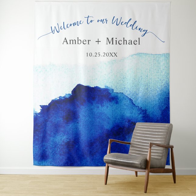 Tapete De Parede Casamento Azul Índigo Aquarela Script Moderno (In Situ)