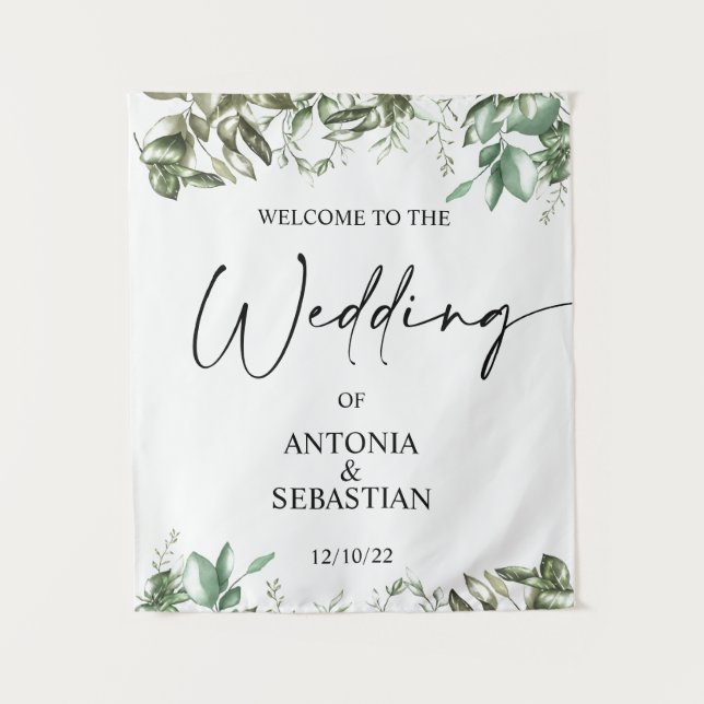 Tapete De Parede Casamento Bem-vindo com Vegetação Elegante  (Frente)