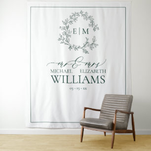Tapete De Parede Casamento de Emerald Green Leafy Crest Monograma
