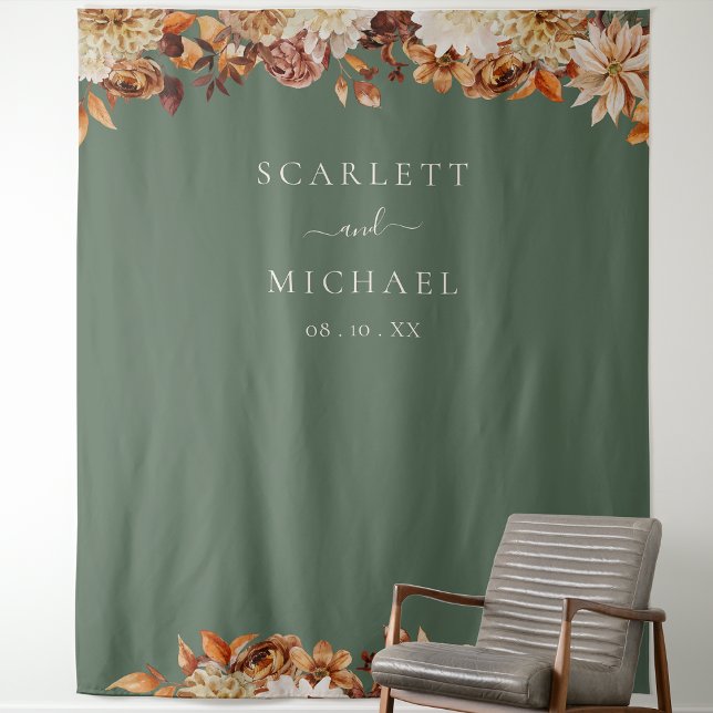 Tapete De Parede Casamento de Outono Verde (Sage Green Fall Floral Wedding Tapestry by Painted Paperie
)