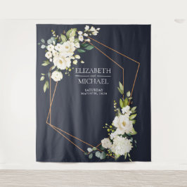 Tapete De Parede Casamento Floral Branco Azul Geométrico de Cobre