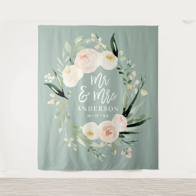 Tapete De Parede Casamento floral em aquarela rosa e verde para Sr  (Frente)