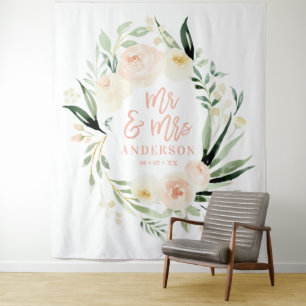 Tapete De Parede Casamento floral em aquarela Sr e Sra em pêssego +