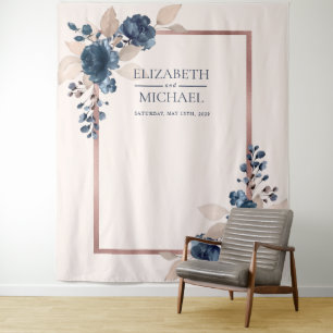 Tapete De Parede Casamento Floral Rosa Dourado Azul Naval Rosa Empo