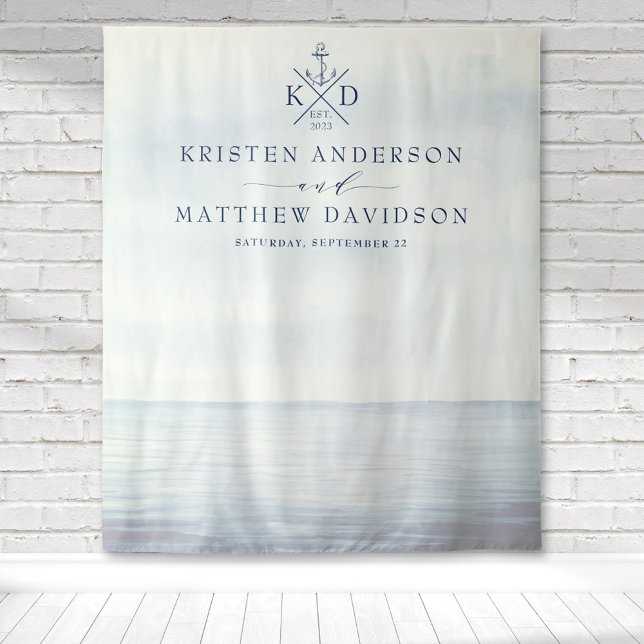 Tapete De Parede Casamento Oceânico Anchor Náutico Monograma (Nautical watercolor ocean background with a monogram for a beach style wedding backdrop.)