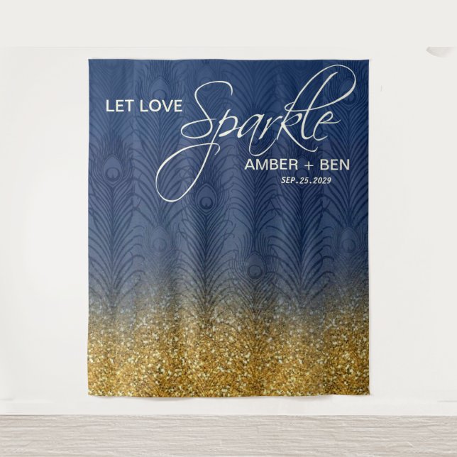 Tapete De Parede Casamento Personalizado com Azul Naval e Dourado B (Frente)