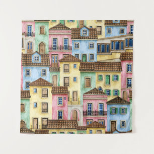 Tapete De Parede Casas de Lisboa: Padrão Funicular de Aquarela.
