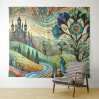 Castelo de Fantasia com Colinas Coloridas e Rio