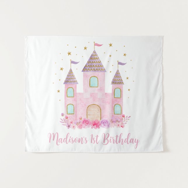 Tapete De Parede Castelo de Princesa de Ouro Rosa Moderno Aniversár (Frente (Horizontal))