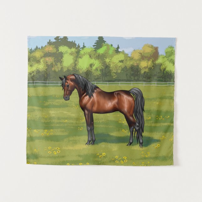 Tapete De Parede Cavalo árabe egípcio de Baía escura na pastura de  (Frente (Horizontal))