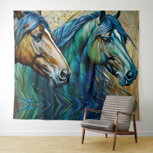 Tapete De Parede Cavalos Azul Teal, castanho