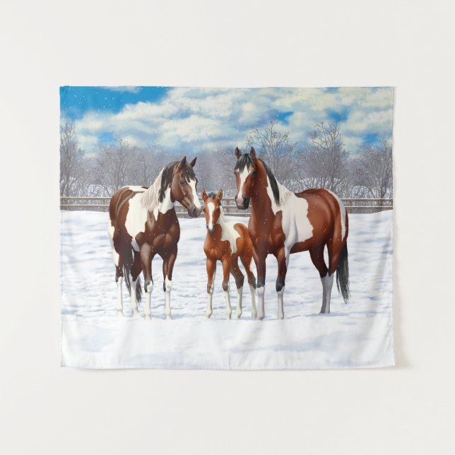 Tapete De Parede Cavalos De Pintura De Baía Na Neve De Inverno (Frente (Horizontal))