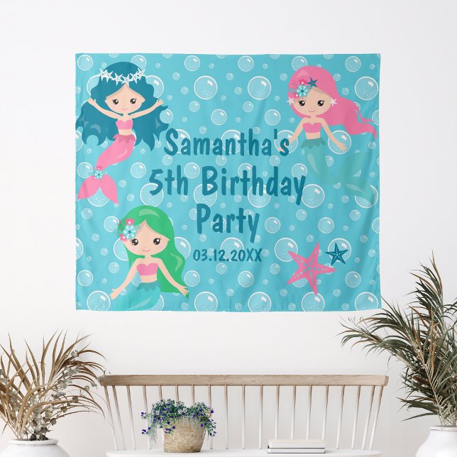 Tapete De Parede Cena de Aniversário de Sereia Fofa (Cute Mermaid Birthday Party Backdrop
)