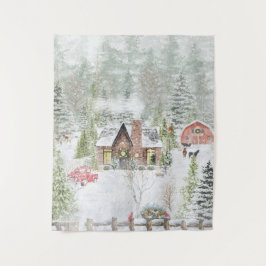 Tapete De Parede Cena de Cabana de Natal no Inverno Nevado